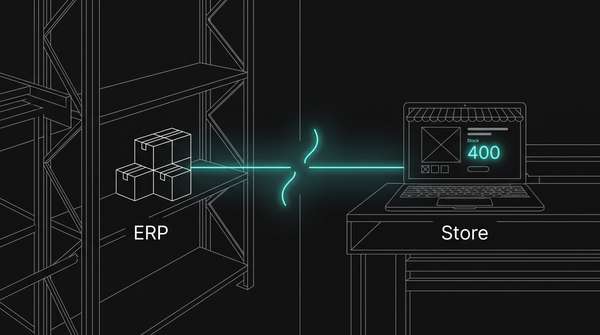 Split line-art scene: a warehouse shelf holding four boxes on one side, a storefront page showing a larger stock number on the other, joined by a snapped glowing thread