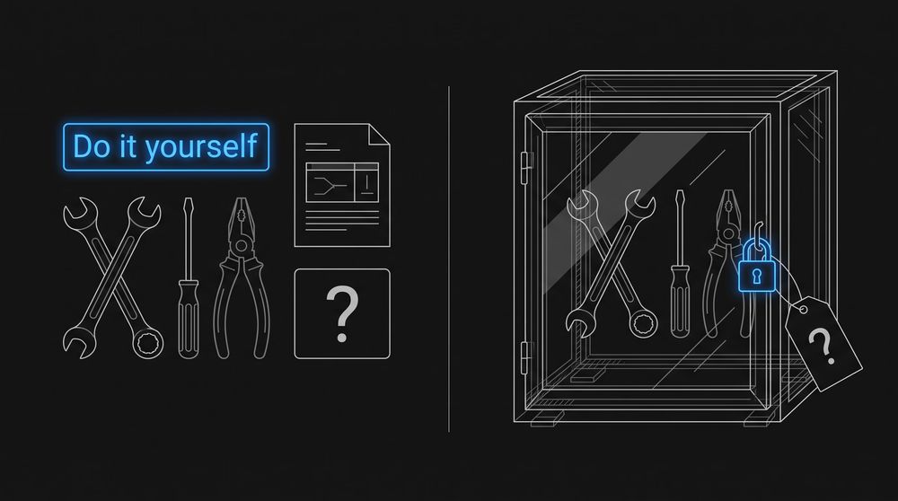 Split illustration contrasting simple do-it-yourself fixes such as clean product data and an FAQ page on one side with the same tools locked inside a cabinet behind a price tag marked only with a question mark
