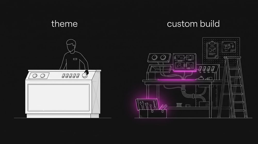 A split scene comparing a finished shop counter with hand-turned dials against the same counter rebuilt from separate custom parts surrounded by tools, a stepladder and a maintenance clipboard