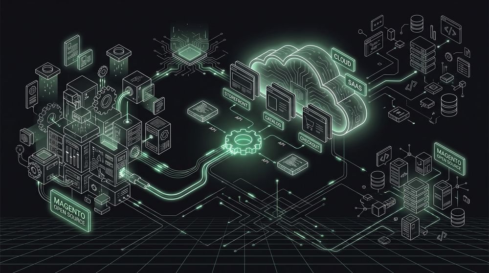 Isometric line illustration of a managed cloud hosting separate storefront, catalog, and checkout service blocks linked by API connections around a central gear