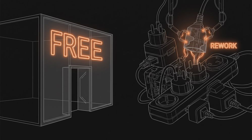 Split illustration contrasting a free storefront layer on one side with a row of extension blocks on the other, some fitting their socket and some needing a new adapter built