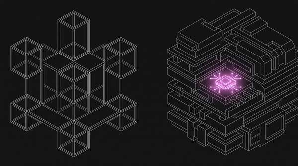 Line-art illustration of a simple ready-made module beside a layered custom structure with one glowing magenta component, representing LMS build versus buy