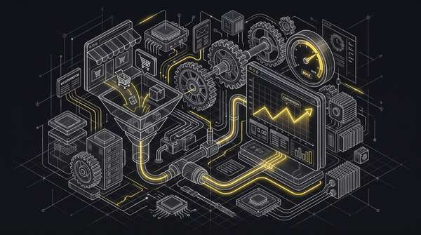 Isometric line-art illustration of an ecommerce conversion funnel connected to gears, a speed gauge, and a rising analytics chart
