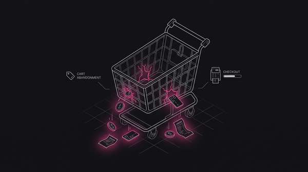 Line-art shopping cart with coins and receipts slipping through cracks in its base against dark empty space