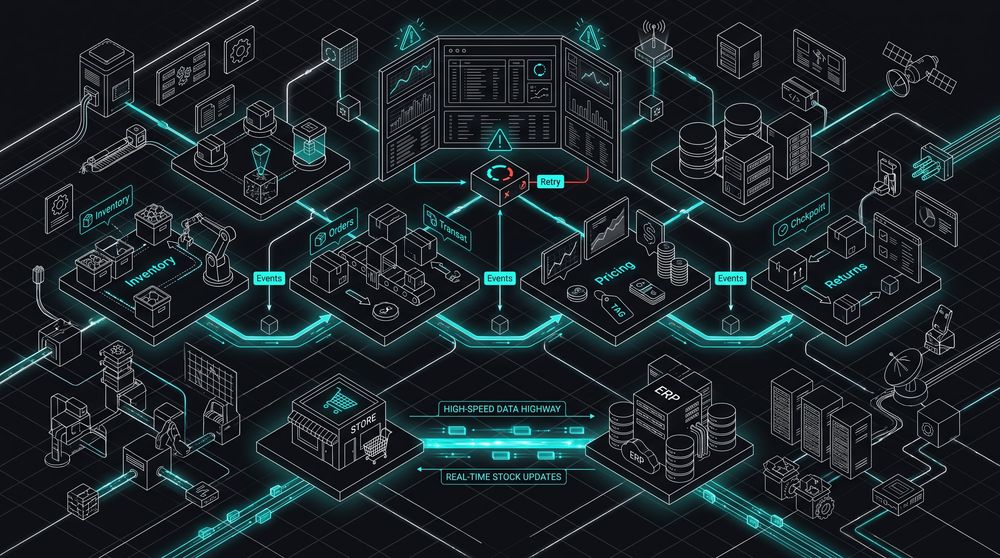 Isometric diagram of four automated workflows kept in sync by event-driven connections with a monitoring panel showing alerts and retries