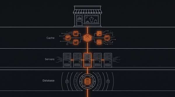Layered cutaway showing a small storefront resting on cache, server, and database layers drawn in line art