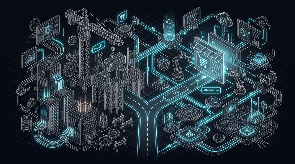 Isometric line-art fork in the road contrasting a long heavy headless rebuild path with a short path swapping in a lighter storefront layer