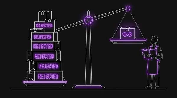 A balance scale where a tall stack of parcels labelled rejected weighs one pan to the floor while a single parcel marked with a burglar mask rides high on the other, watched by a shopkeeper with a clipboard