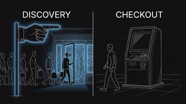 A scene split in two: on the left a signpost sends a crowd of shoppers through a busy shopfront door, on the right a single automated payment kiosk stands unused and cobwebbed in an empty square