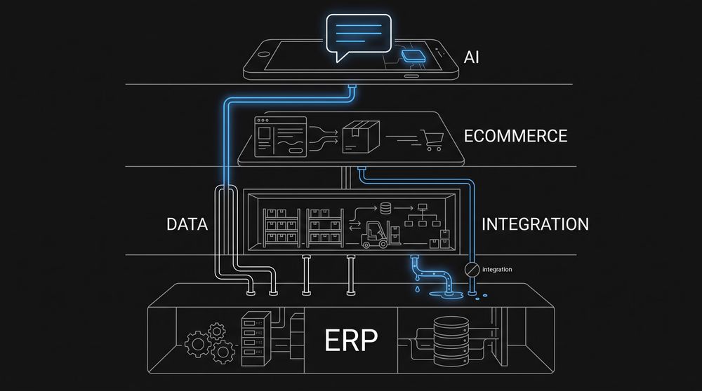 Cutaway view showing a chat bubble resting on stacked layers of order, stock and ERP systems, with one connecting pipe running slowly.