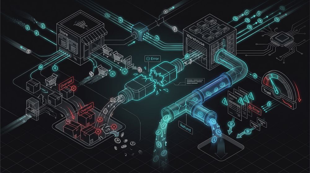 Isometric illustration of a broken store-to-warehouse connector causing oversold orders, refunds, fees and leaking margin