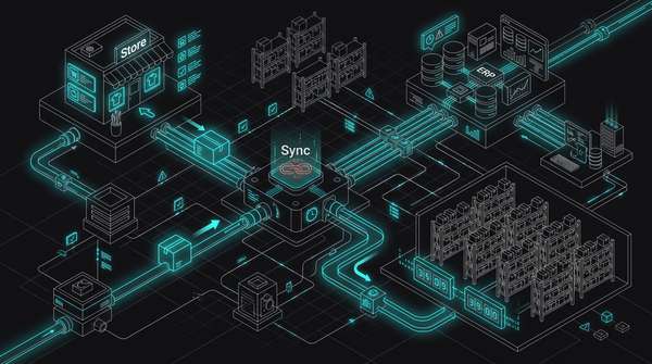 Isometric diagram of an online store, warehouse and ERP system linked by real-time sync connectors carrying orders and inventory data