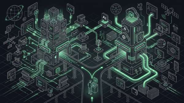 Isometric line illustration of a forking road between two e-commerce platform towers, one marked Open Source and one marked Adobe Commerce, with a small figure deciding at the split