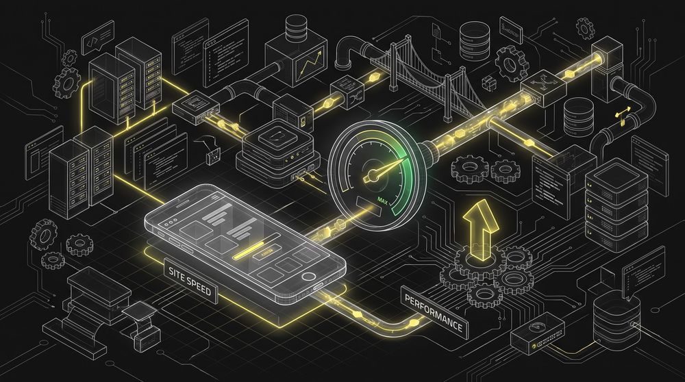 Isometric line-art of a smartphone loading an online store quickly beside a speed gauge and an upward conversion arrow