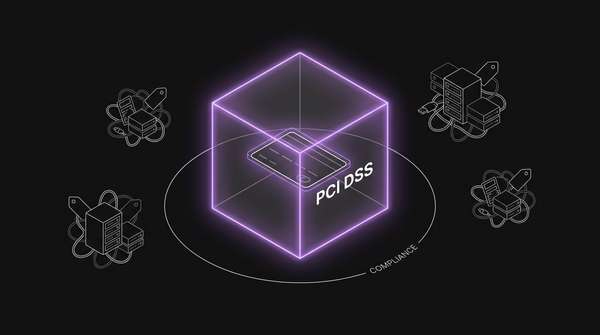 A payment card sealed in a glass cube inside a marked boundary, with cables and servers pushed outside the line