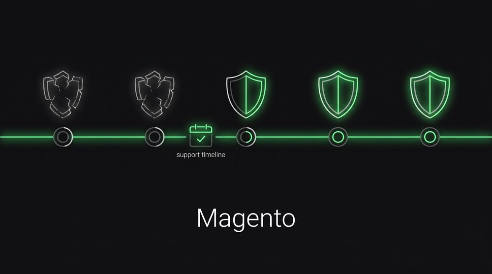 A timeline of five Magento release markers where the oldest two have broken shields, the middle one a half shield and the newest two full shields