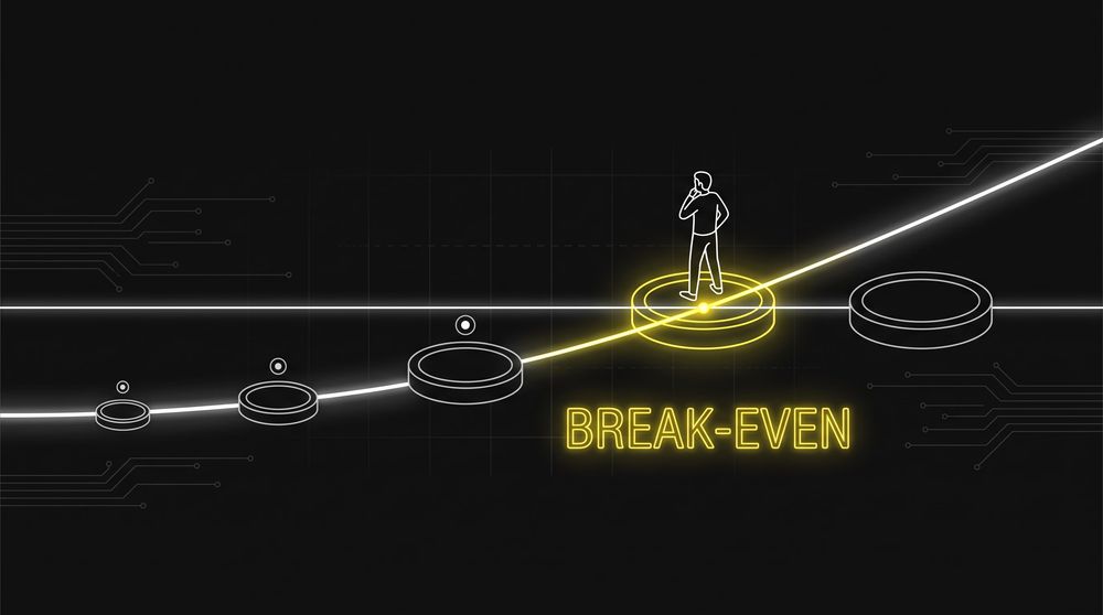 Line-art path of rising stones where a flat cost line crosses a rising revenue line at a single glowing break-even point