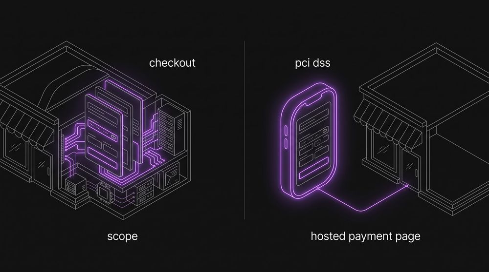 Two checkout designs side by side: card fields inside the store's own systems, and card fields moved out into a separate hosted capsule