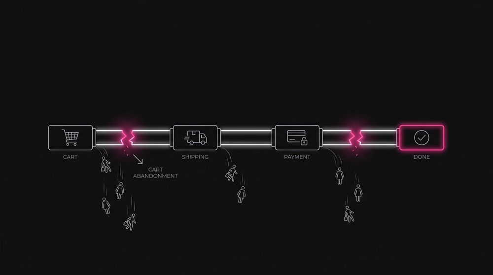 Left-to-right checkout funnel showing shopper figures dropping off at the cart, shipping and payment stages