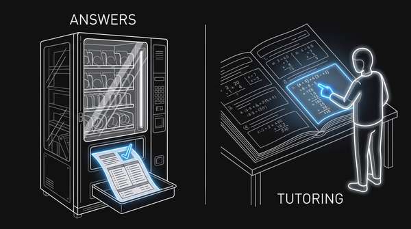 Split line-art scene contrasting a vending machine dispensing finished answers with a tutor guiding a student through one step of a worksheet