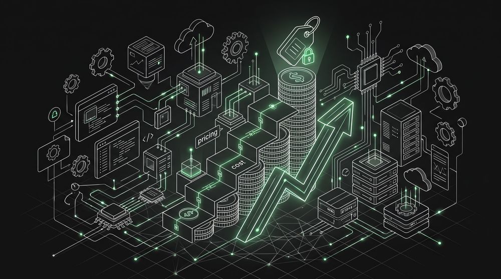 Isometric line illustration of rising cost tiers shown as ascending coin-stack steps beside a growth arrow, representing GMV-based license pricing